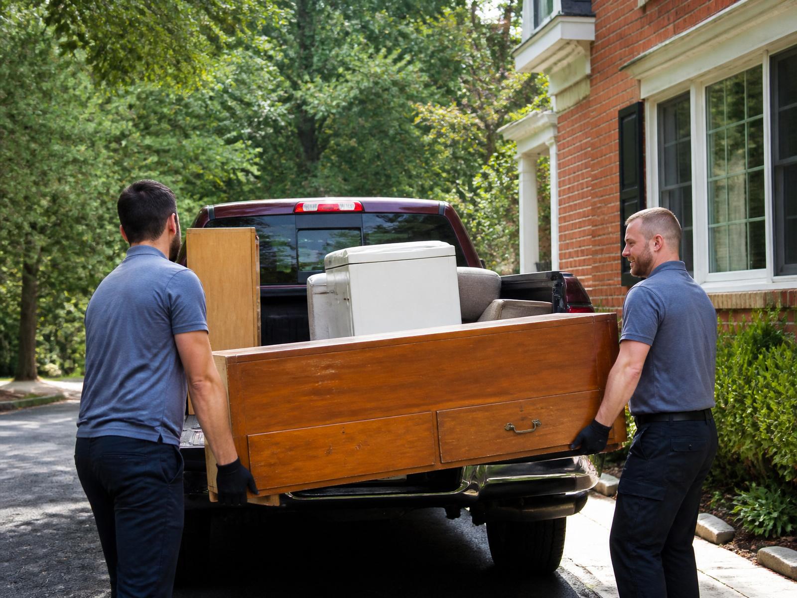 Movin On crew loading old furniture and appliances into a junk removal truck outside a Northern Virginia home